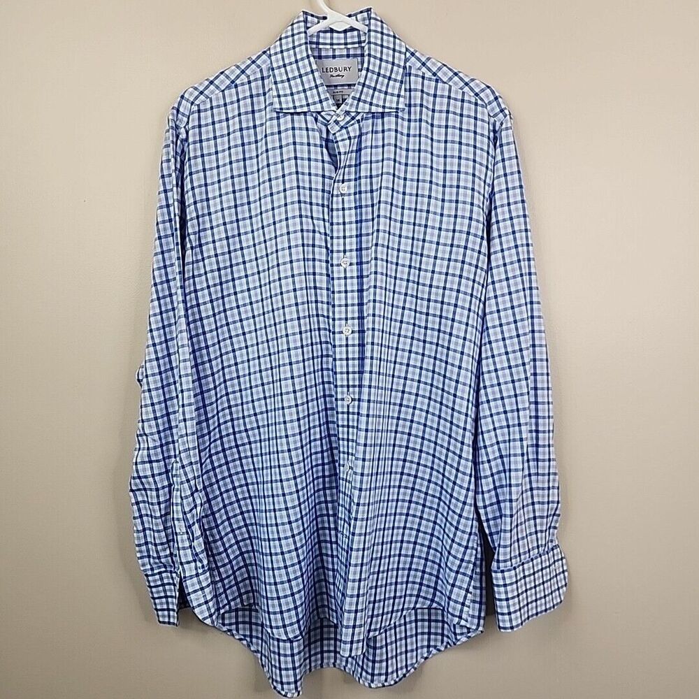 Ledbury Mens Long Sleeve Slim Fit Tattersall Print Button Down Shirt 16